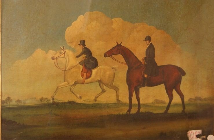 Olio su tela inglese della fine del 1800 raffigurante due fantini a cavallo-photo-2