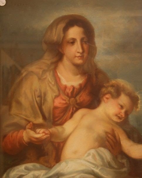 Pastello su cartone francese di metà 1800 raffigurante Maternità, Madonna con Bambino-photo-2