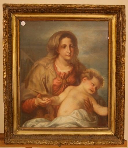Pastello su cartone francese di metà 1800 raffigurante Maternità, Madonna con Bambino