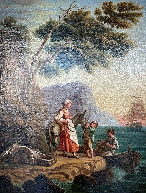 Olio su tela francese di inizio 1800 raffigurante Scena di Vita Familiare-photo-2