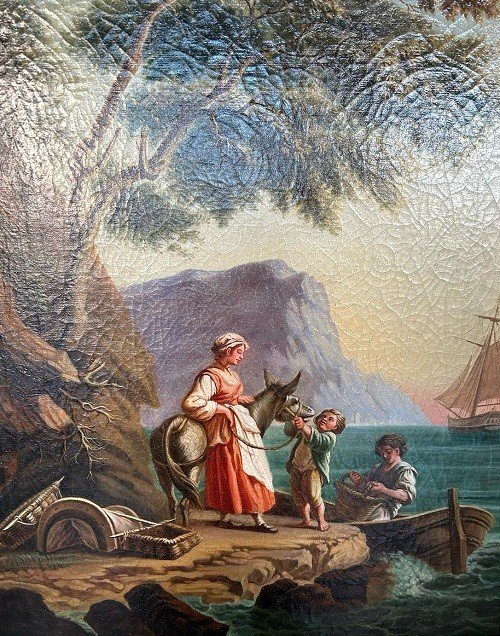 Olio su tela francese di inizio 1800 raffigurante Scena di Vita Familiare-photo-3