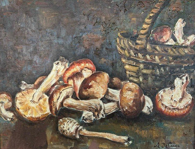 Olio su tela italiano raffigurante Natura Morta, raccolta di funghi porcini datato 1981 firmato-photo-2