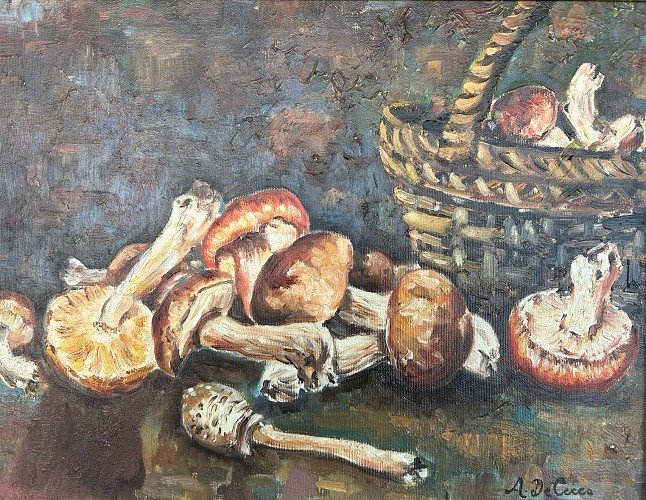 Olio su tela italiano raffigurante Natura Morta, raccolta di funghi porcini datato 1981 firmato-photo-3