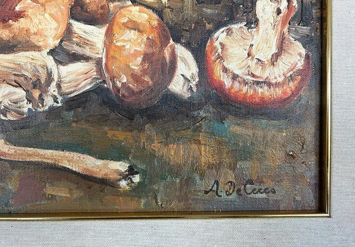 Olio su tela italiano raffigurante Natura Morta, raccolta di funghi porcini datato 1981 firmato-photo-4