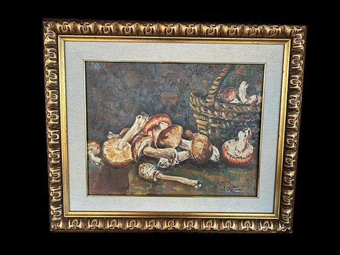 Olio su tela italiano raffigurante Natura Morta, raccolta di funghi porcini datato 1981 firmato