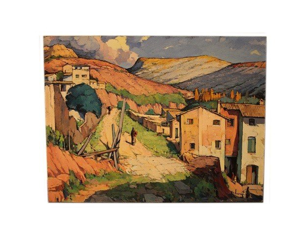 Olio su tela spagnolo di metà 1900 raffigurante veduta cittadina di un paesaggio-photo-2