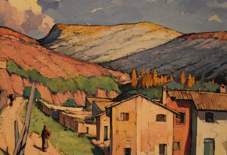 Olio su tela spagnolo di metà 1900 raffigurante veduta cittadina di un paesaggio-photo-2