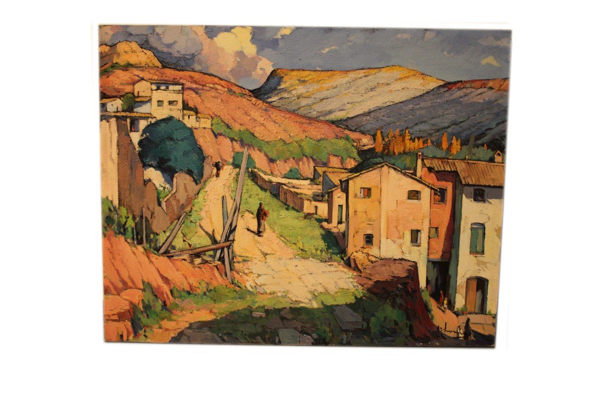 Olio su tela spagnolo di metà 1900 raffigurante veduta cittadina di un paesaggio