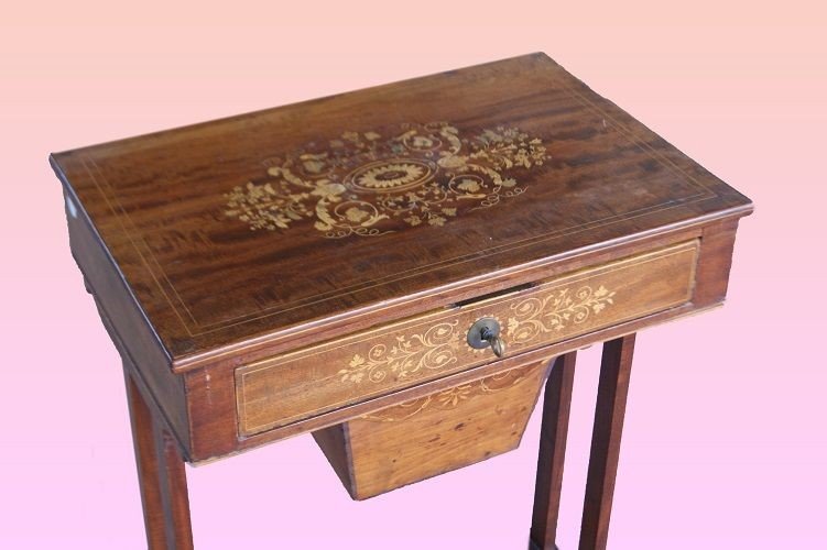 Tavolino da lavoro francese della prima metà del 1800, stile Carlo X, in legno di mogano-photo-2