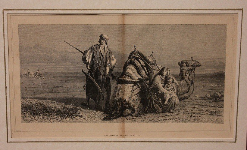 Stampa francese del 1800 Raffigurante Cavaliere Berbero con Cammello Moglie e Bambino-photo-2
