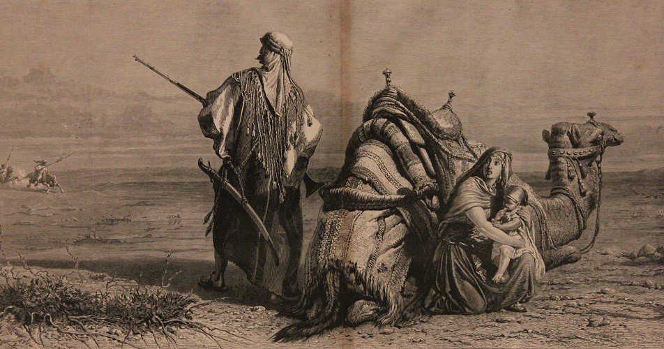 Stampa francese del 1800 Raffigurante Cavaliere Berbero con Cammello Moglie e Bambino-photo-3