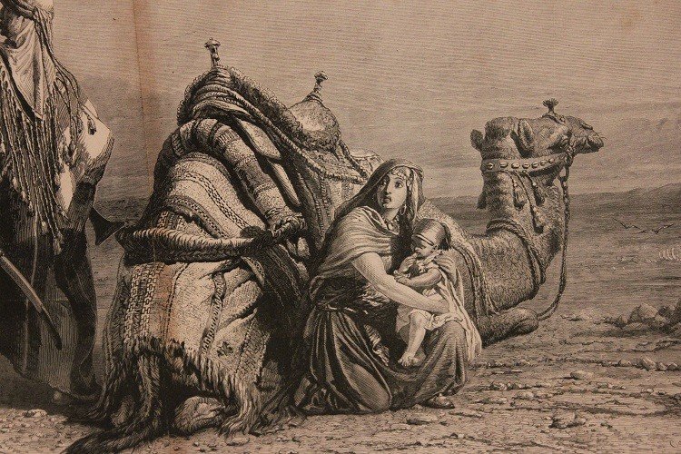 Stampa francese del 1800 Raffigurante Cavaliere Berbero con Cammello Moglie e Bambino-photo-1