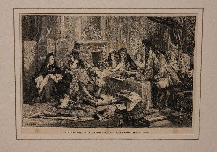 Stampa francese di fine 1800 raffigurante la corte di Luigi XIV. Cornice dorata coeva-photo-2