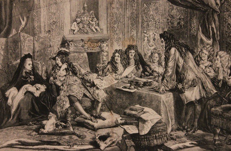Stampa francese di fine 1800 raffigurante la corte di Luigi XIV. Cornice dorata coeva-photo-3