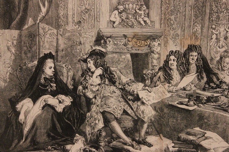 Stampa francese di fine 1800 raffigurante la corte di Luigi XIV. Cornice dorata coeva-photo-4