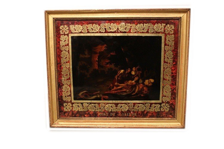 Coppia di piccoli dipinti sottovetro francesi di metà 1800 raffigurante "Morte di Clorinda -photo-3