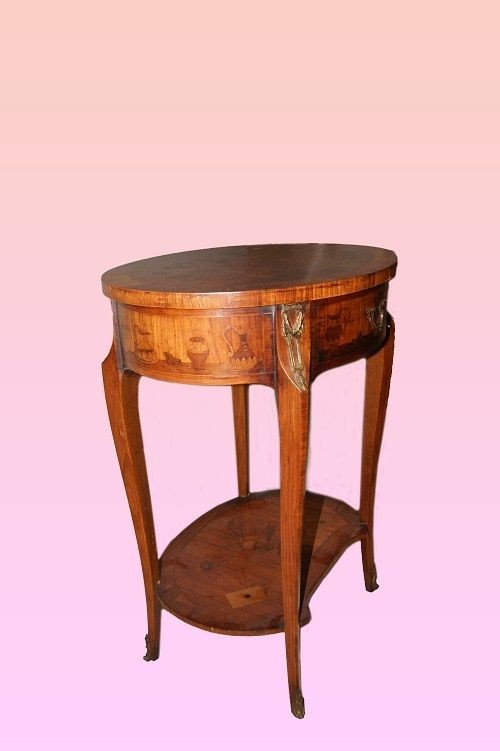 Tavolino ovale francese della seconda metà del 1800, stile Transizione, in legno di palissandro-photo-1