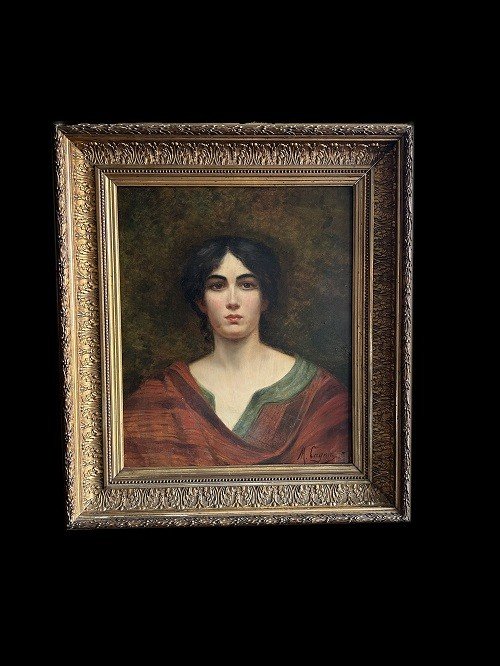 Olio su tela francese della seconda metà del 1800 raffigurante ritratto di Fanciulla, Dama