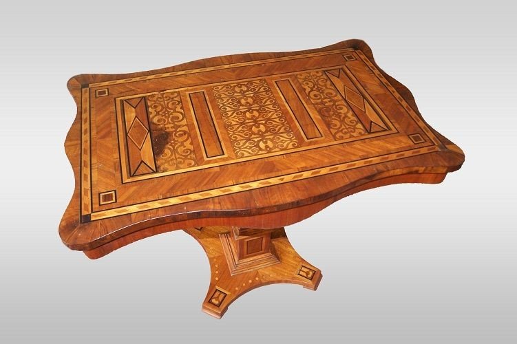 Tavolino con piano smussato francese di metà 1800, stile eclettico, in legno di ciliegio-photo-2