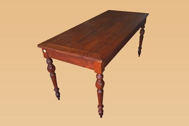 Tavolo fisso francese rustico di metà 1800 in legno di ciliegio. Presenta piano da rilucidare-photo-3