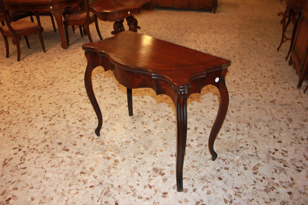 Tavolino da gioco italiano di metà 1800, stile Luigi Filippo, in legno di noce-photo-2