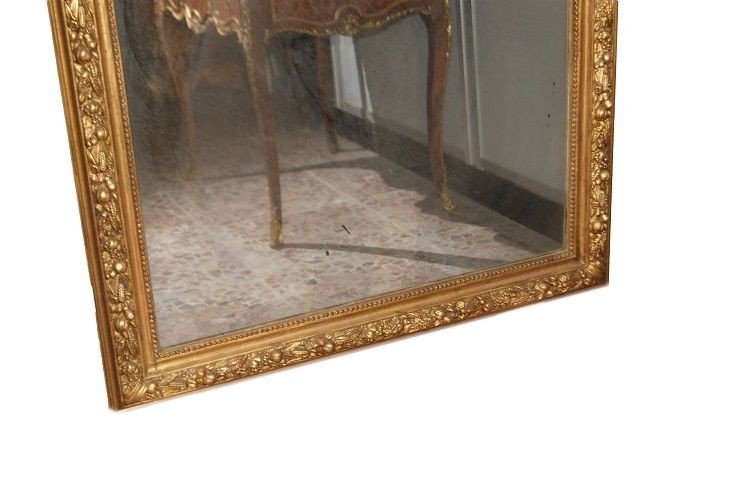 Grande specchiera francese di metà 1800, stile Luigi XVI, in legno dorato foglia oro-photo-3