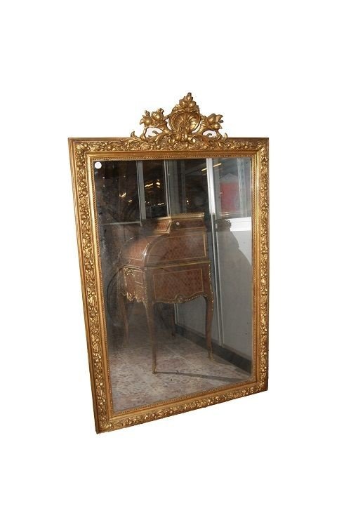 Grande specchiera francese di metà 1800, stile Luigi XVI, in legno dorato foglia oro