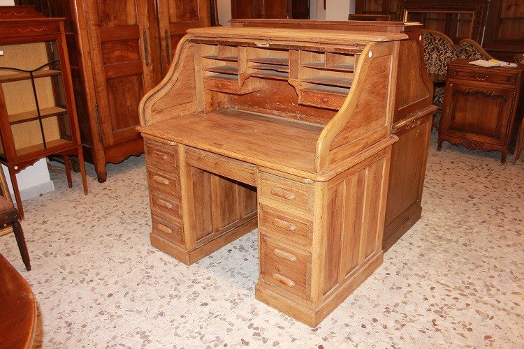 Bellissima scrivania a rullo americana di inizio 1900 in legno di rovere-photo-2