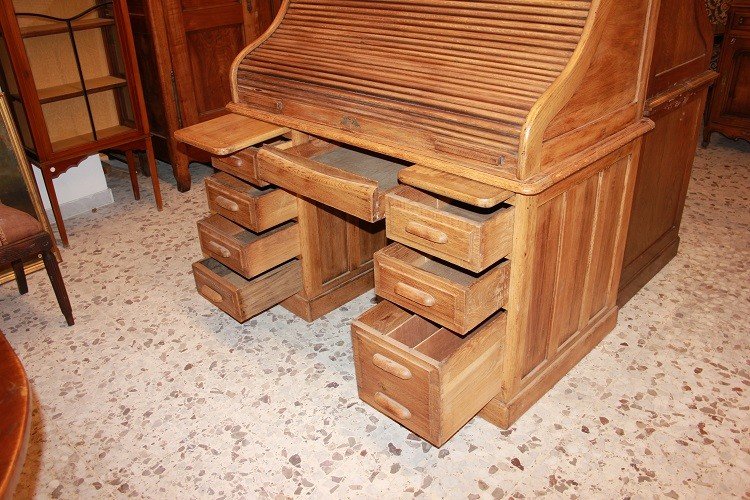 Bellissima scrivania a rullo americana di inizio 1900 in legno di rovere-photo-3
