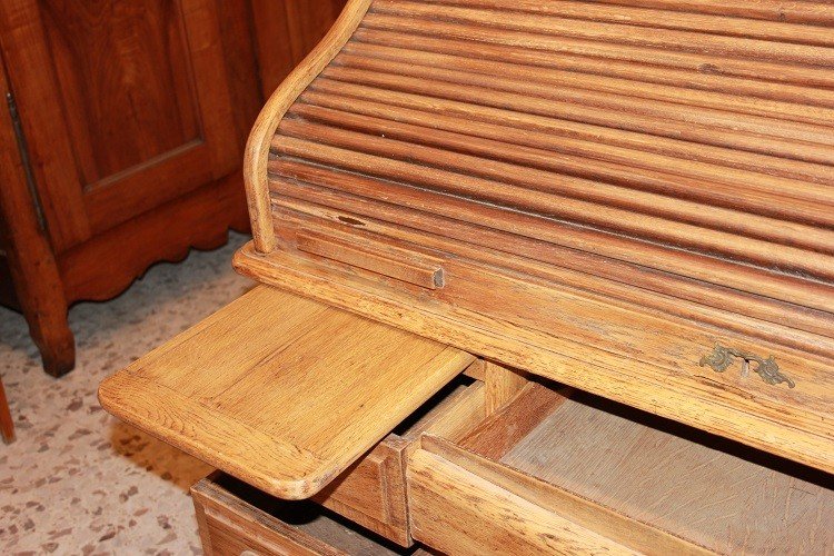 Bellissima scrivania a rullo americana di inizio 1900 in legno di rovere-photo-4