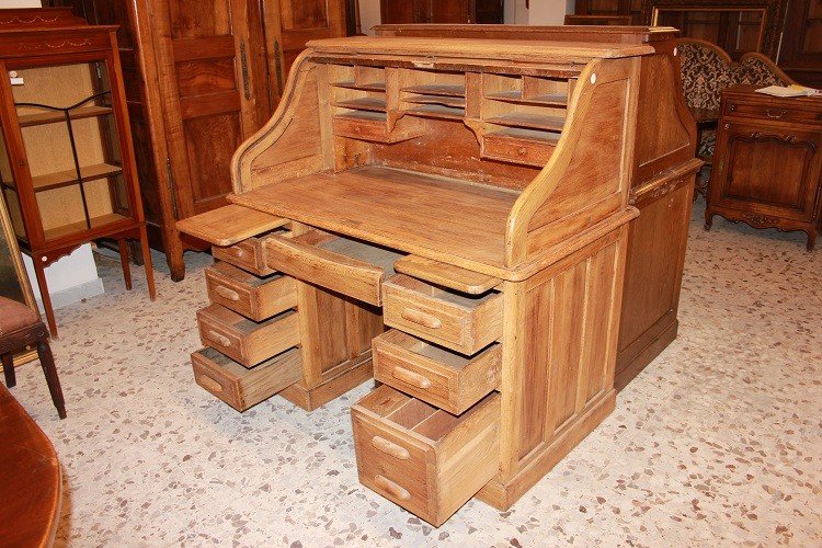 Bellissima scrivania a rullo americana di inizio 1900 in legno di rovere-photo-5