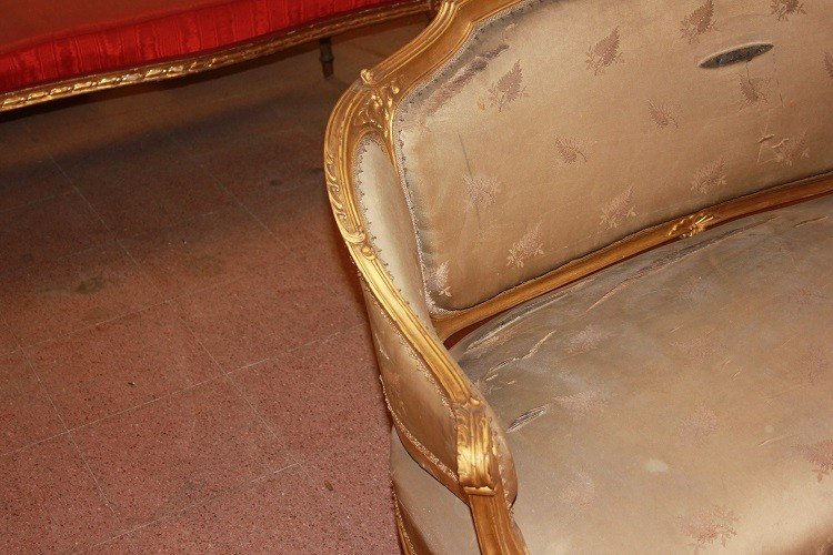 Salotto francese di metà 1800, stile Luigi XV, in legno dorato-photo-4