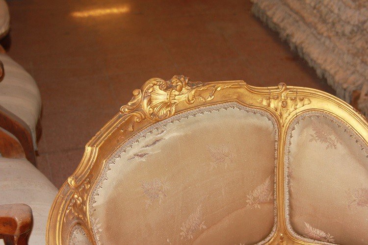 Salotto francese di metà 1800, stile Luigi XV, in legno dorato-photo-8