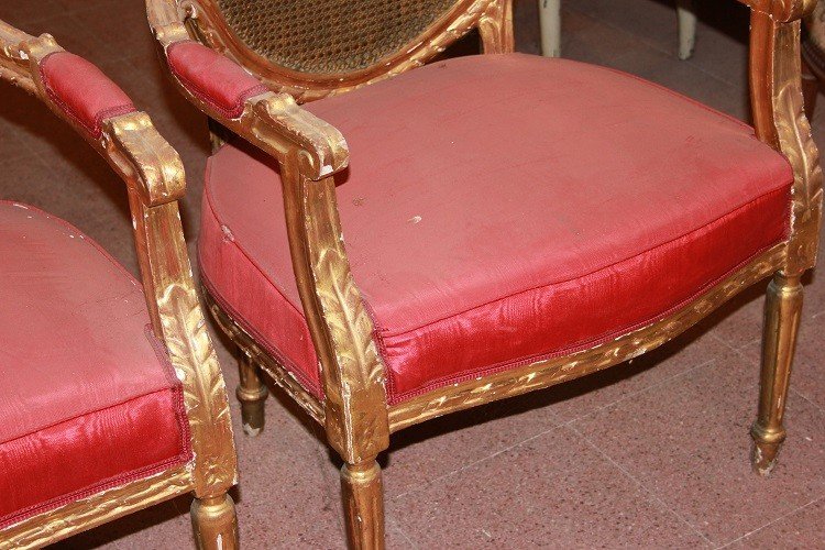 Salotto francese di metà1800, stile Luigi XVI, in legno dorato foglia oro-photo-4