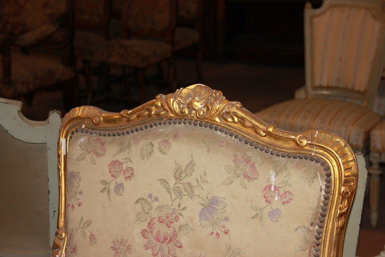 Salotto francese di metà 1800, stile Luigi XV, in legno dorato foglia oro-photo-4