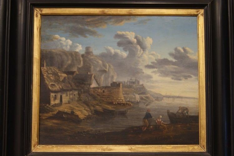 Olio su tavola francese di metà 1800 con cornice ebanizzata coeva-photo-2