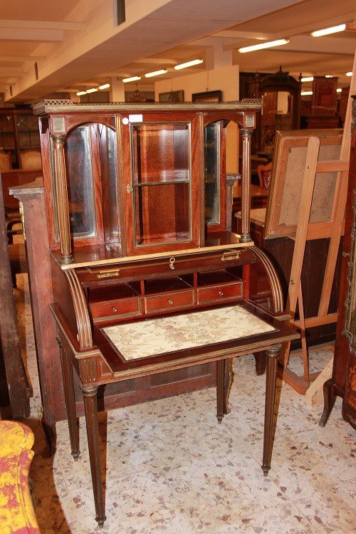 Cabinet credenzino francese di metà 1800, stile Luigi XVI, in legno di mogano e piuma di mogano-photo-2