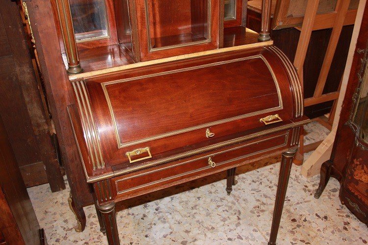 Cabinet credenzino francese di metà 1800, stile Luigi XVI, in legno di mogano e piuma di mogano-photo-4