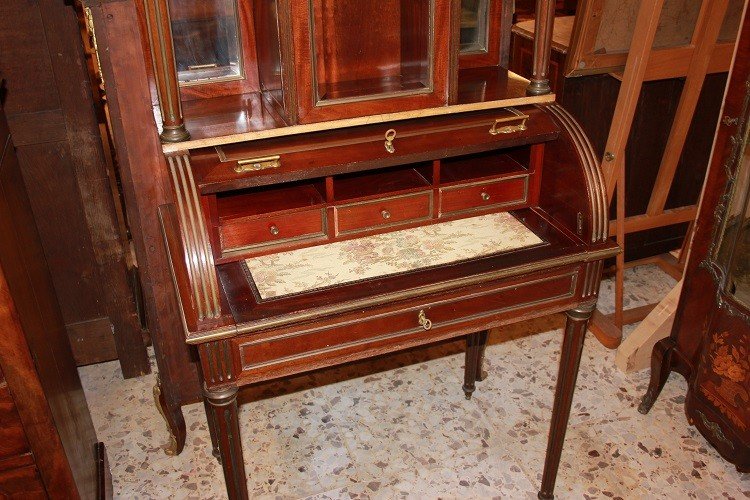 Cabinet credenzino francese di metà 1800, stile Luigi XVI, in legno di mogano e piuma di mogano-photo-1