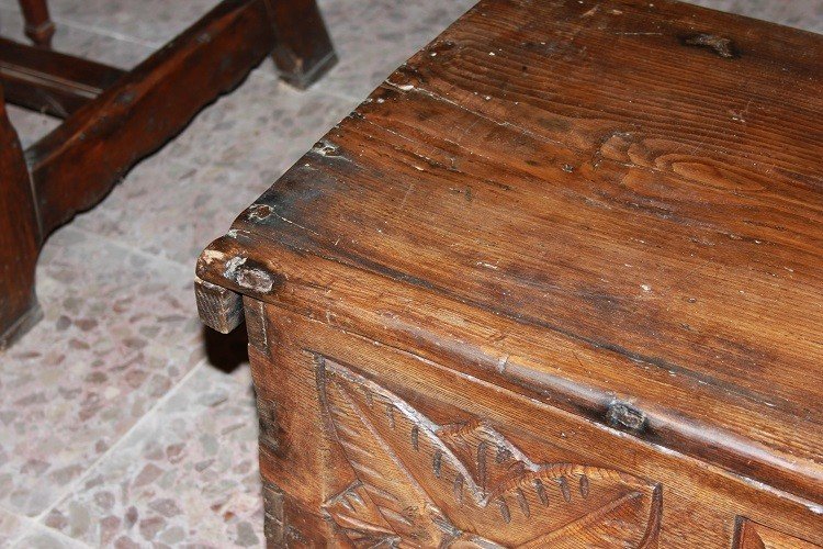 Cassapanca Francese di inizio 1800, stile Rustico, in legno di noce riccamente intagliato-photo-4