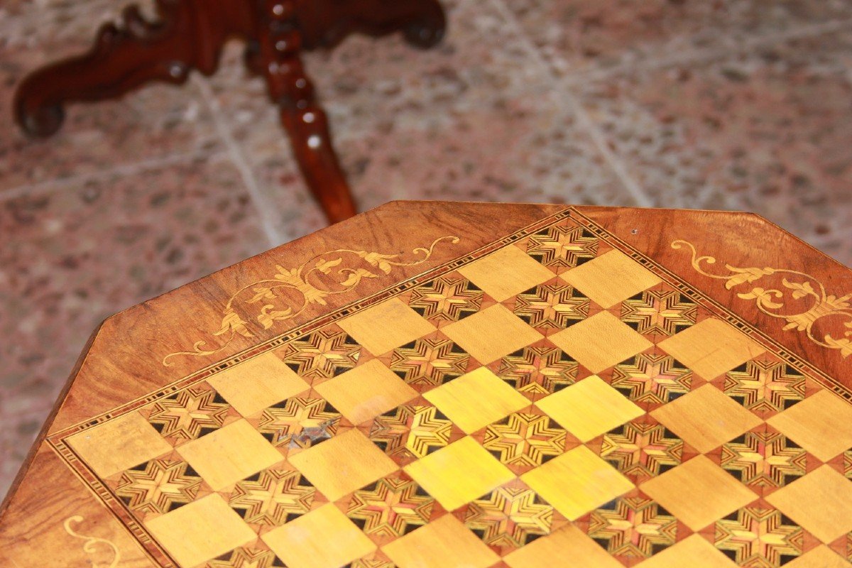 Tavolino Da Lavoro Inglese Riccamente intarsiato Stile Vittoriano in Legno di Noce-photo-3