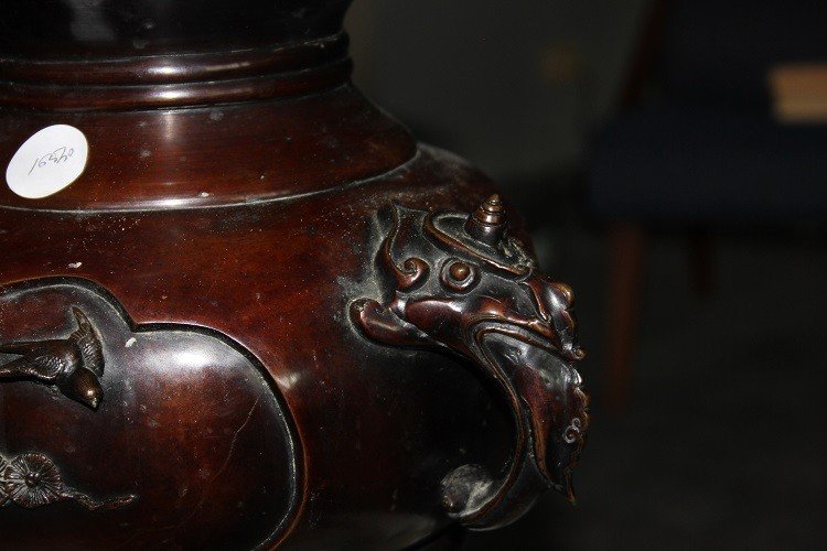 Grande Vaso Cinese del 1800 in Bronzo Con animali in Rilievo-photo-4