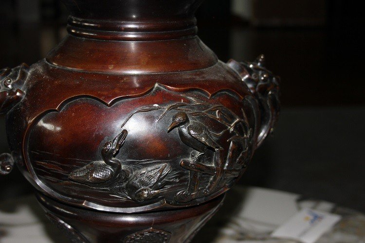 Grande Vaso Cinese del 1800 in Bronzo Con animali in Rilievo-photo-3