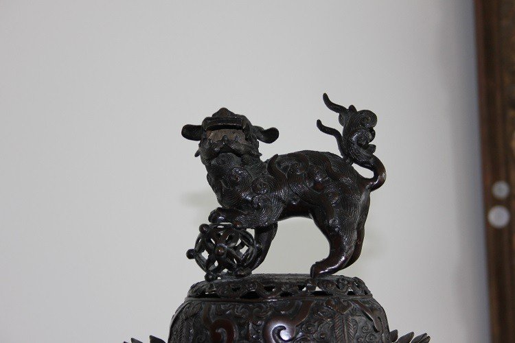 Grande Vaso Cinese in Metallo del 1800 con Cani di Pho-photo-2
