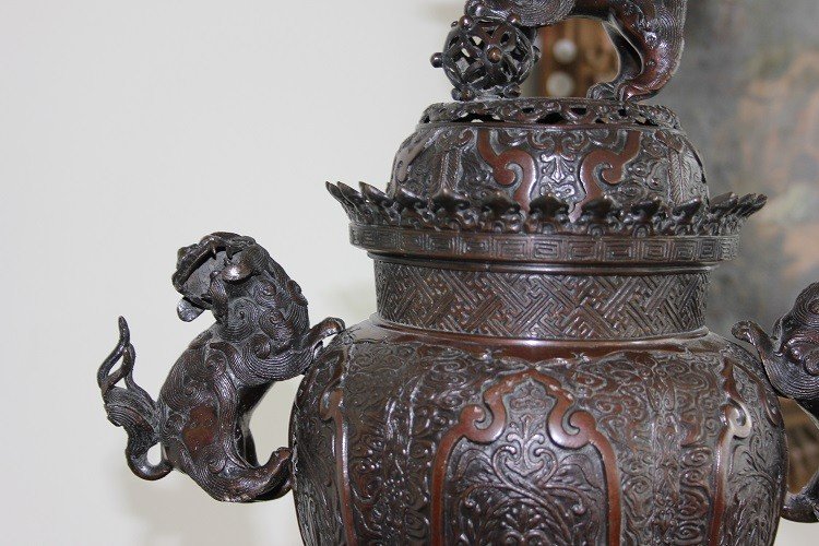 Grande Vaso Cinese in Metallo del 1800 con Cani di Pho-photo-3