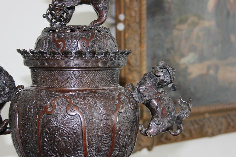 Grande Vaso Cinese in Metallo del 1800 con Cani di Pho-photo-4