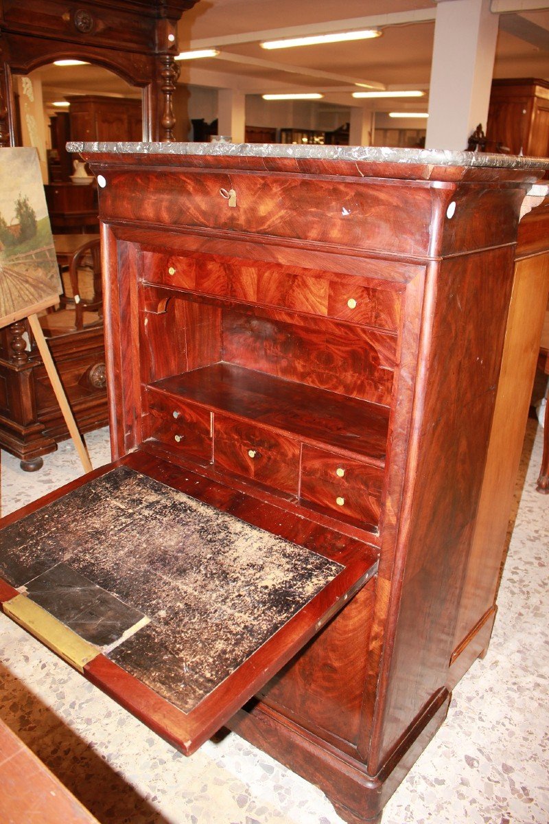 Secretaire Francese stile Impero in Piuma di Mogano XIX secolo-photo-3