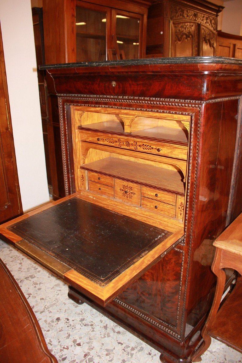 Secretaire stile Carlo X in Piuma di Mogano Francese del 1800 con Marmo-photo-4