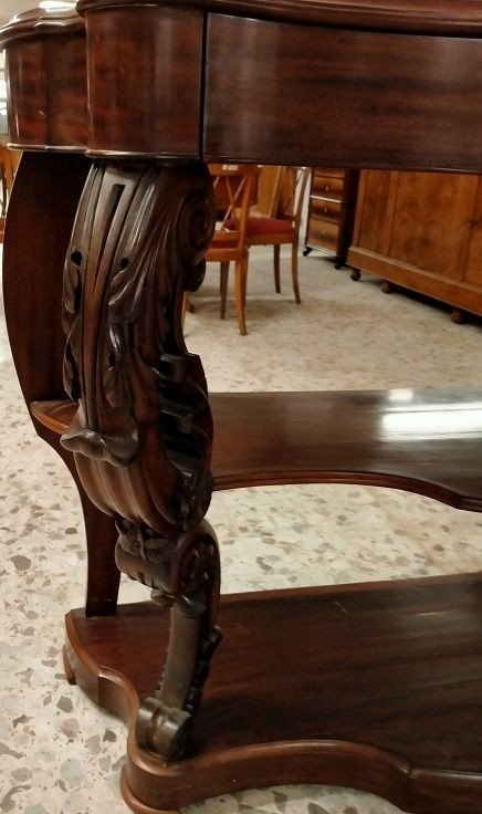 Grande consolle in mogano stile Luigi Filippo, di metà 1800 con colonne riccamente intagliate, -photo-3
