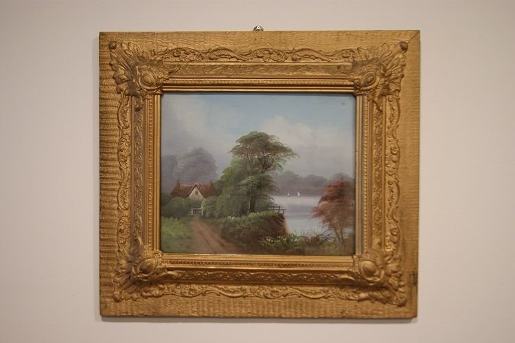 Oli su cartoncino inglesi del 1800, raffiguranti paesaggi campestri con sentieri di campagna-photo-2